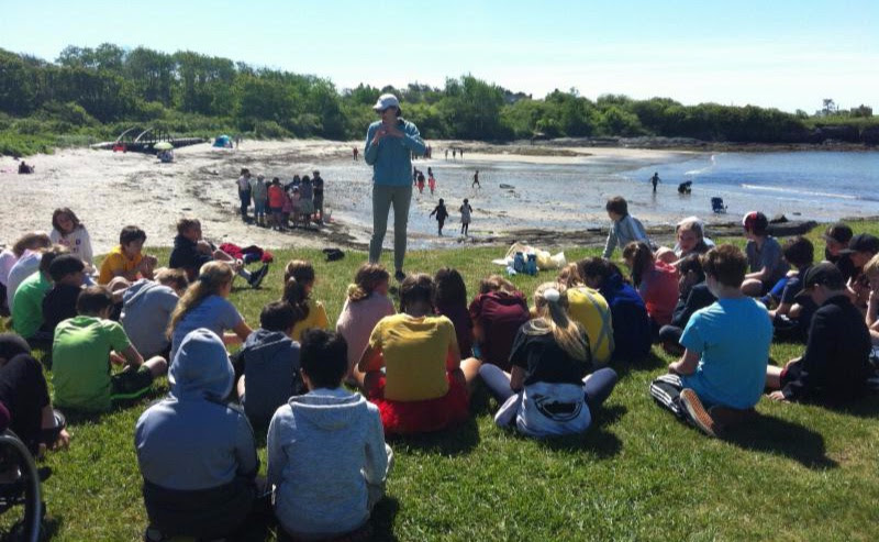 5th grade students learning about Cape Elizabeth's watersheds at Kettle Cove Beach.