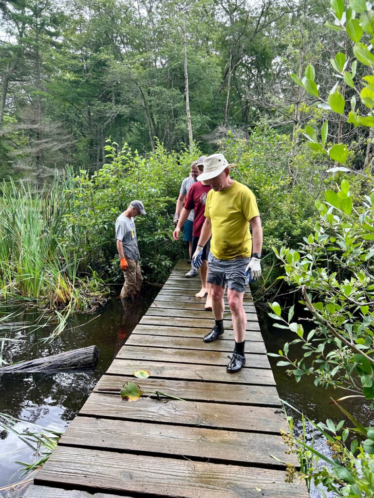 Positioning the bridge on the foundation over the pond