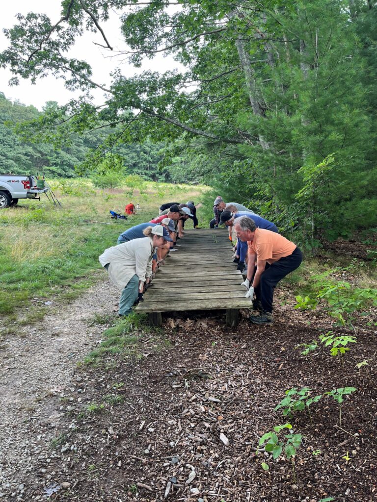 Group lifting the Pond Crossing boardwalk