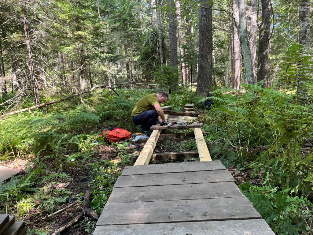 Drilling the top planks of the new boardwalk